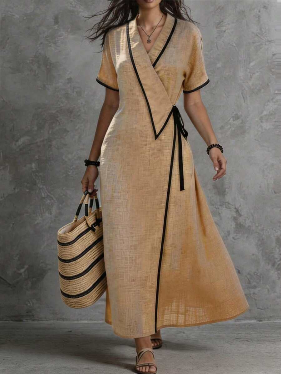 SHEIN Holidaya Đầm nữ dáng suông, tay ngắn, cổ bẻ dài, kiểu dáng thường ngày, thích hợp mặc đi làm, mùa xuân hè, màu mơ có họa tiết phối viền tương phản, phù hợp cho đi làm, mặc hàng ngày, mùa đông, mùa xuân, mùa thu, các cuộc họp, công sở, hẹn hò, trang phục giáo viên chuyên nghiệp, Giáng sinh và năm mới, các buổi gặp gỡ thân mật, du lịch, sang trọng, thanh lịch, tối giản, phù hợp mọi mùa, đi biển, mùa hè, đầm đi nghỉ mát.