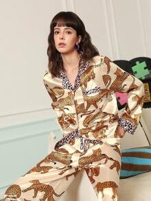 Chillnights 2pcs Women Leopard Print Contrast Color Pajama Set - Beige - View 3