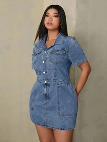 Rivivi 大码女式时尚百搭口袋纽扣短袖牛仔连衣裙 - 藍色 - 查看 5
