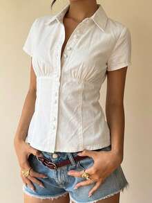 2026 Blusa casual ajustada de manga corta de mezclilla azul para mujer - Blanco - Ver 4