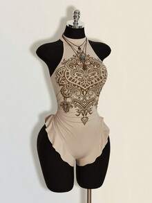 SHEIN ICON Áo liền thân nữ kiểu retro in họa tiết, hở lưng, cổ yếm, thích hợp cho mùa hè. - Màu be - Xem 7