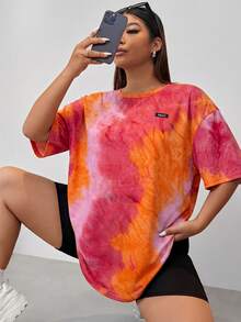 Muchica Plus Size Women's Casual Vacation Tie-Dye Print Decorative Dropped Shoulder Loose T-Shirt, Summer - Burnt Orange - View 1