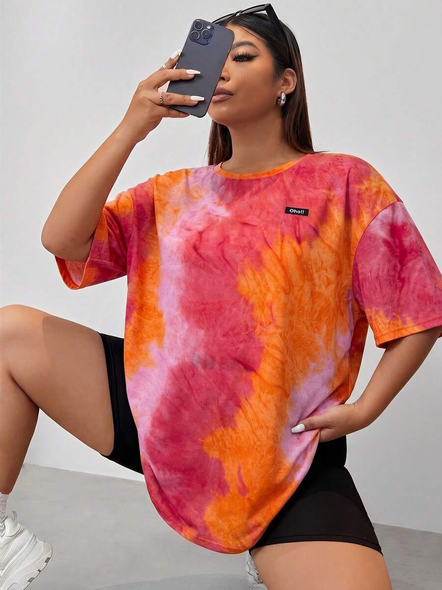 Muchica Plus Size Women's Casual Vacation Tie-Dye Print Decorative Dropped Shoulder Loose T-Shirt, Summer - Burnt Orange - View 1