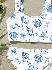 Cute Vintage Blue Tone Ocean Creature & Bow Print Tween Girls Casual Minimalist Camisole & Bikini Swimwear Set, Suitable For Summer, Vintage, Color Block, Kawaii, Party, Summer 2026, Cottagecore, Playdate, Weekend Casual, Family Outing, Photoshoot Outfits - Multicolor - View 3