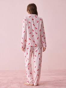 Bonmuse Striped Heart Print Women Bubble Crinkle Long Sleeve Pajama Set - Pink - View 2