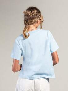 Rouah Casual Boxy Embroidered Lets Get Lost Together Tassel Oversized T-Shirt For Women - Perfect For Summer - Blue - View 2