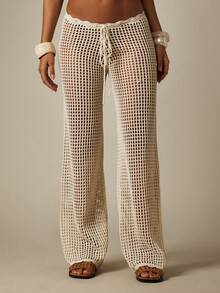 MISSGUIDED Crochet Wide Leg Palazzo Pants High Rise Drawstring Beach Cover Up Boho Summer Vacation Loose Fit Mesh Knit Trousers - Apricot - View 1