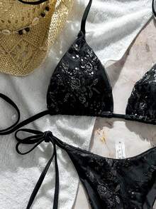 Swim Mod 两件式泳衣，纯色亮片纹理挂脖式文胸上衣和侧系带比基尼泳裤，性感比基尼套装，春夏海滩度假 - 黑色 - 查看 5