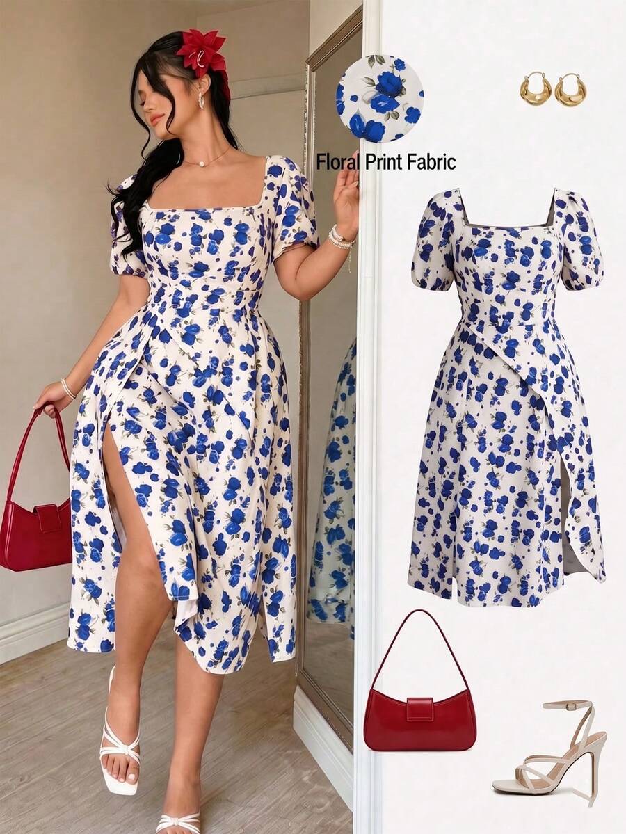 FleurLily Plus Size Elegant Floral Print Split Dress, Summer - Blue - View 1