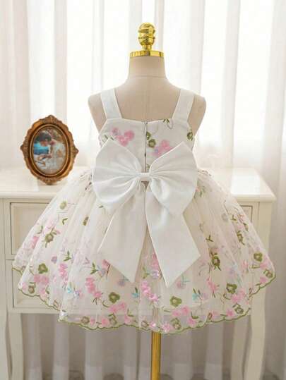 Glamorique Kids Baby Girls' Sweet Ditsy Floral Spaghetti Strap Dress, Infant Birthday Party Christening Tulle Puff Dress