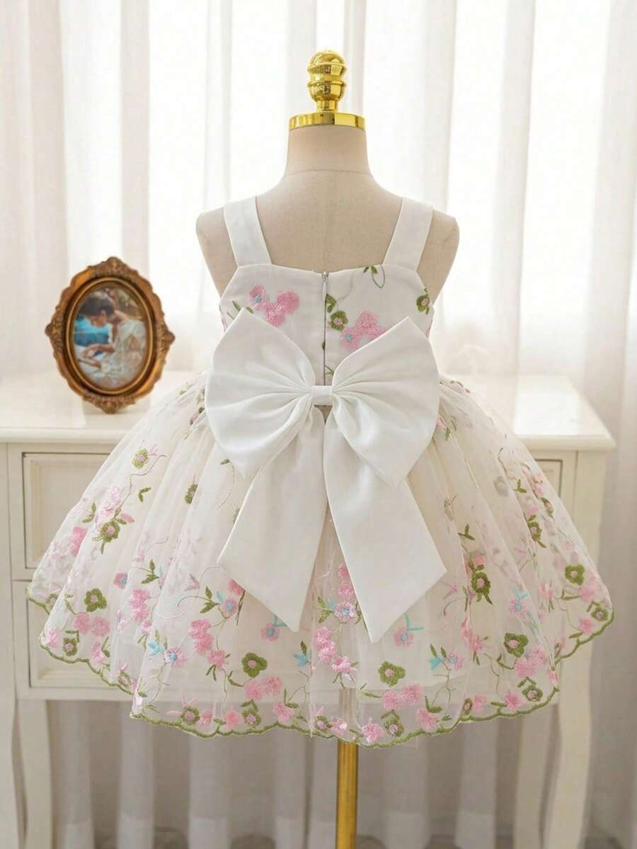 Glamorique Kids 女婴甜美碎花吊带连衣裙,婴儿生日派对洗礼薄纱蓬蓬裙 - 白色 - 查看 1