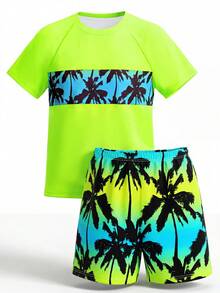 SHEIN 男童泳装套装 - 短袖防晒上衣和沙滩短裤，夏季休闲运动泳衣 - 彩色 - 查看 3
