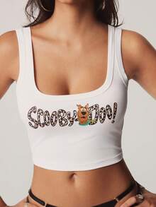 SCOOBY-DOO X SHEIN Women's Letter & Cartoon Print Cropped Tank Top - White - View 4
