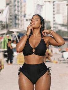 Swim Vcay بيكيني مجموعة مع حلقة عنق مجعد مقاس كبير للنساء، مناسب للصيف والشاطئ والمنتجعات والحمامات السباحة - الأسود - مشاهدة 4