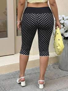 SHEIN EZwear Leggings femininas plus size com estampa de bolinhas, corte slim e versátil para o dia a dia. - Preto e Branco - Ver 5