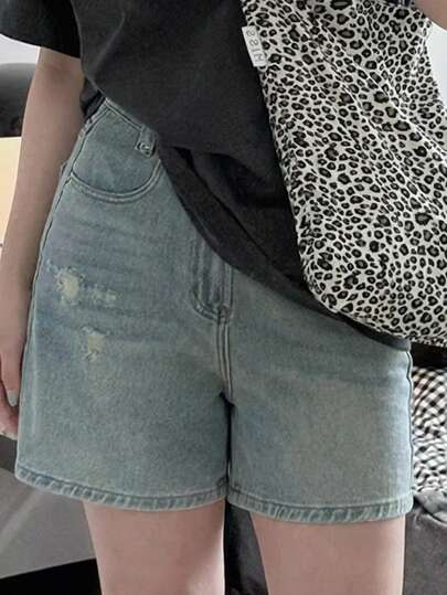 Dazy Plus Jeans rectos cortos y acortados de pierna recta, estilo de calle, talla grande para mujer, lavado vintage desgastado y descolorido, primavera/verano