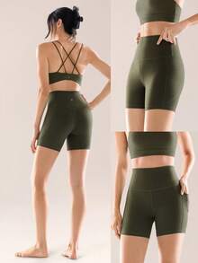 GLOWMODE 6" FeatherFit™ Flex Biker Shorts With Side Pockets Low Impact Yoga Pilates Daily - Army Green - View 8