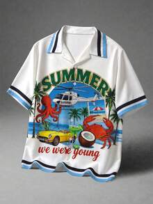 ROMWE MEN Street Life Men's Letter & Graphic Print Front Button Casual Short Sleeve Shirt - Multicolor - View 1