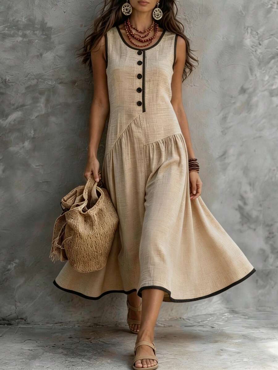 SHEIN Holidaya 女款休閒度假波西米亞風對比色滾邊洋裝，前襟鈕扣裝飾、前胸抓皺，米色紋理夏季海灘度假洋裝