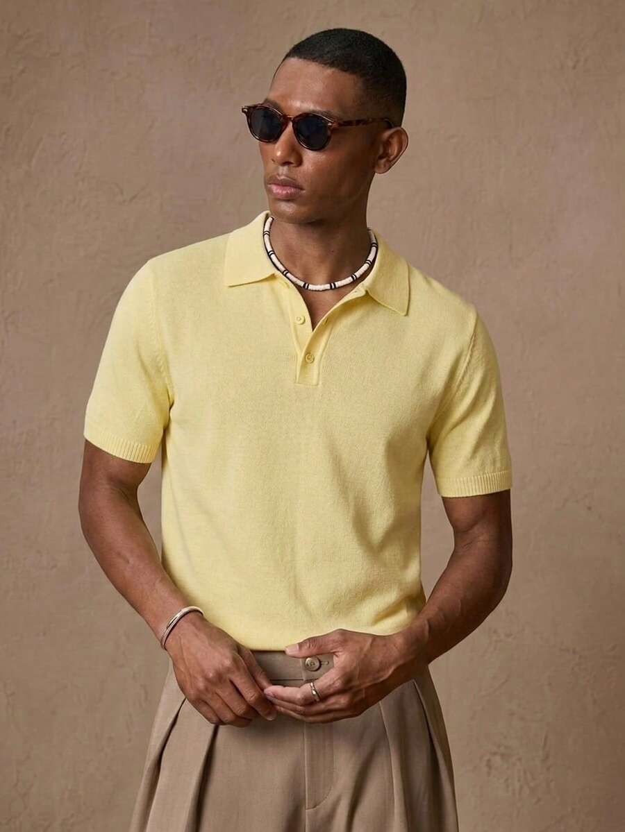 EASEVO Men's Plus Size Solid Color Short Sleeve Knit Top - Yellow - View 1
