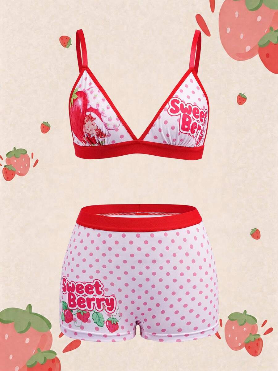 Strawberry Shortcake X SHEIN Bộ áo lót và áo ngực hai dây in họa tiết chấm bi dành cho nữ - Hồng - Xem 1