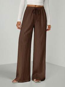 SHEIN Tall Loose Drawstring Waist Trousers In Textured Crinkle Fabric - Chocolate Brown - View 7