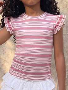 Coolane Kids Áo thun trắng trơn viền bèo nhún phong cách đường phố mùa hè cho bé gái tuổi teen - Hồng - Xem 2