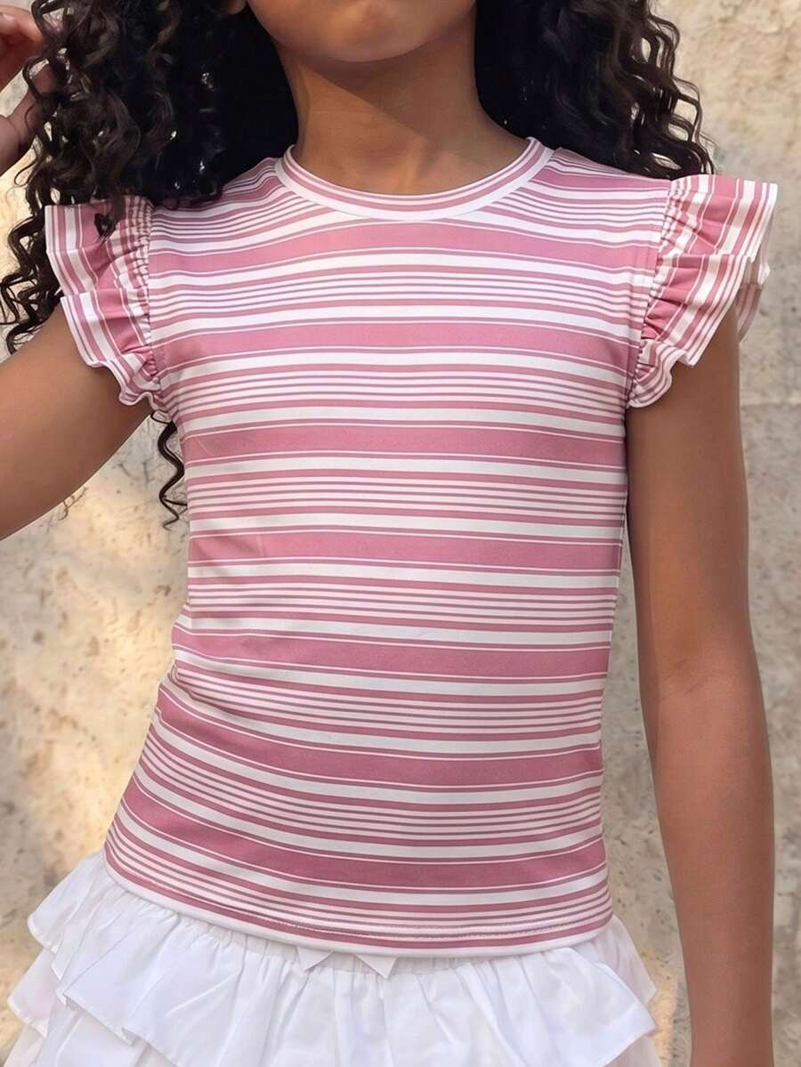 Coolane Kids 少女夏季街头风度假荷叶边纯白T恤 - 粉色 - 查看 1