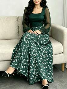 Modelyn 加大码雏菊印花长款连衣裙，女士时尚方领灯笼袖设计连衣裙，夏季收腰优雅长款连衣裙，深绿色花卉图案长款连衣裙，适合夏季度假和日常穿着 - 彩色 - 查看 4