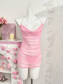 SHEIN Set de 2 vestidos ajustados con escote en V profundo, cadena con cuentas y drapeado en malla sexy - Rosa - Ver 7
