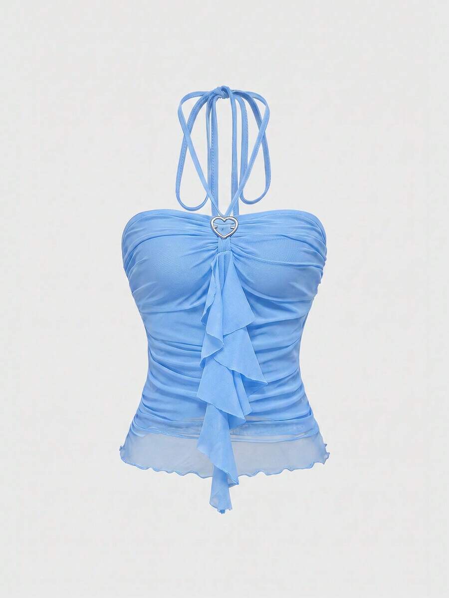 ROMWE Kawaii Women's Solid Color Halter Tie Ruffle Hem Casual Sexy Versatile Daily Wear Top Night Out Light Blue Summer - Baby Blue - View 1