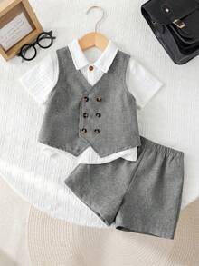 Conjunto de moda de chaleco de doble botonadura de unicolor y pantalones cortos para bebé niño, adecuado para banquetes, bodas y múltiples ocasiones - Gris Claro - Ver 7