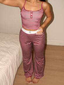 Lowkey Lull Women's INS Casual & Comfortable Striped Print Button Knit Pajama Set, Slim Fit - Multicolor - View 4