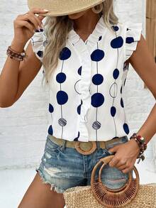 SHEIN Áo kiểu nữ cổ chữ V xếp ly, họa tiết chấm bi, thích hợp mặc mùa hè. - trắng - Xem 7