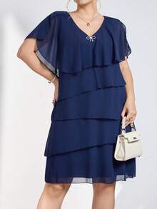 Chikora Plus Size Women's Summer Simple Solid V-Neck Ruffle Bow Decor Dress - Navy Blue - View 3