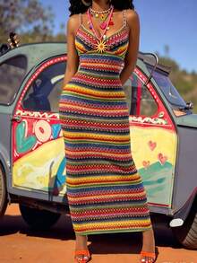 Glyssa Robe d'été femme sexy pour vacances, en tricot, à rayures colorées et col V sans manches - Multicolore - Voir 3