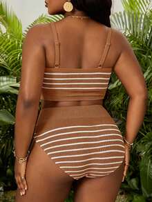 Slaydiva 2 piezas Conjunto de playa de talla grande, Traje de baño tipo tankini de tela a rayas con tirantes ajustables - Café integral - Ver 2