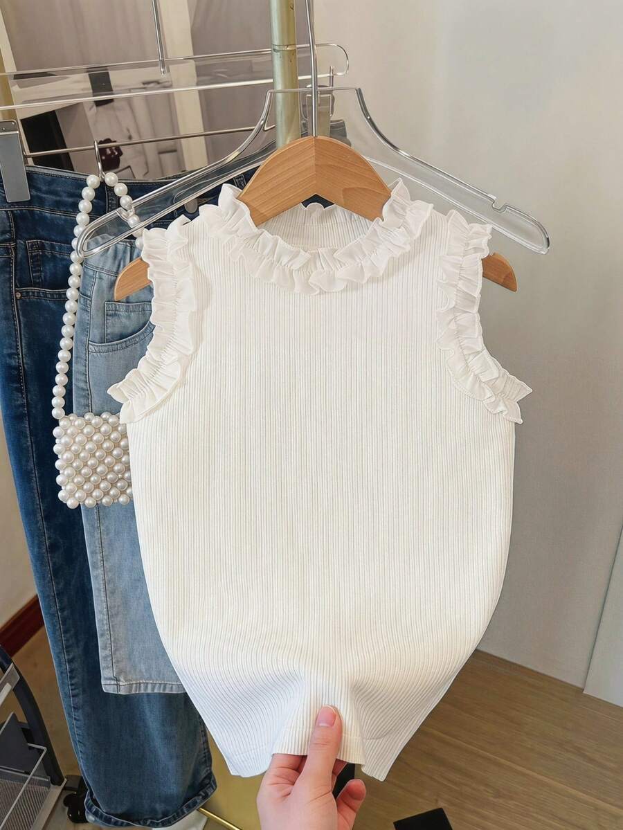 Débardeur à volants de couleur unie pour filles préadolescentes, style décontracté d'été - Blanc - Voir 1
