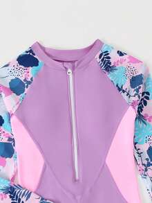SHEIN 女童热带花卉印花前拉链插肩袖连体泳衣，适合潜水、冲浪、运动泳装，纯色修身长袖防晒衣，保守款式，适合夏季、海滩、泳池、度假 - 淡紫色 - 查看 3