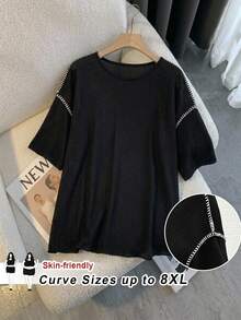 SHEIN CURVE+ 女士加大码圆领罗纹休闲日常短袖T恤，夏季上衣 - 黑色 - 查看 6