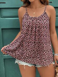 Reflora Plus Size Women Summer Pink Ditsy Floral Camisole - Black - View 1