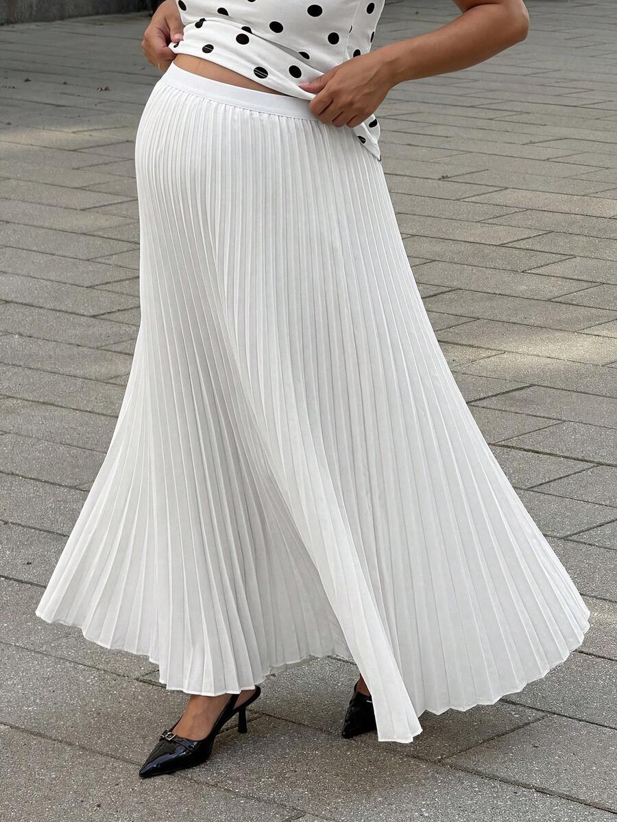 MaterniWear Maternity Solid Color Pleated Long Casual Skirt - White - View 1