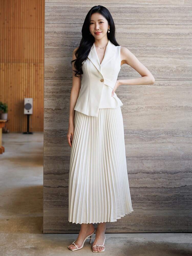 Women's Elegant Commuter Solid Color Vest & Pleated Skirt 2-Piece Set, Summer