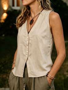 SHEIN Middle-Aged & Elderly Women's Casual Solid Color Vest, Summer - Brown - View 3