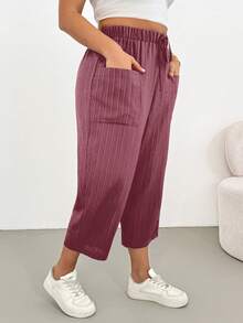 Shapeblank Plus-Size Women's Purple Summer Smart Casual Everyday Fashionable Loose Comfortable Basic Textured Elastic Waist Large Pockets Capri Pants - Red Violet - View 5
