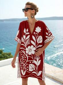 SHEIN Holidaya 简约米色和黑色花卉印花V领短袖宽松A字连衣裙，适合工作和休闲场合，版型修身，花卉图案装饰 - 酒紅色 - 查看 5