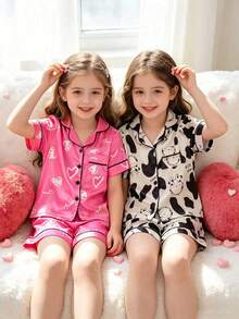 SHEIN Playful Pals 女童奶牛爱心睫毛印花翻领仿丝短裤套装，家居服 - 彩色 - 查看 3