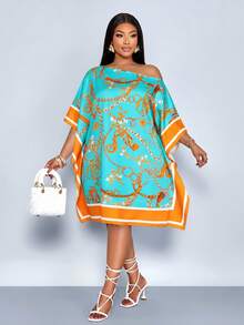 SOLERSUN Plus Size Women's Gold Summer Boho Elegant Tea Party Al-Adha Mid Length Dress,Off Shoulder Square Scarf Retro Forest Animal Positioning Printing - Green - View 5