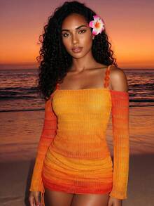 Zestiva Couvre-tout tricoté dégradé pour femmes, robe de plage dos nu à manches longues sexy pour les vacances de printemps/été - Orange - Voir 2