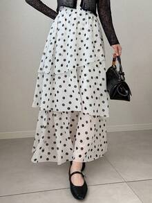 FRIFUL 女士弹力腰波点面料多层网纱荷叶边下摆半身裙 - 杏色 - 查看 8